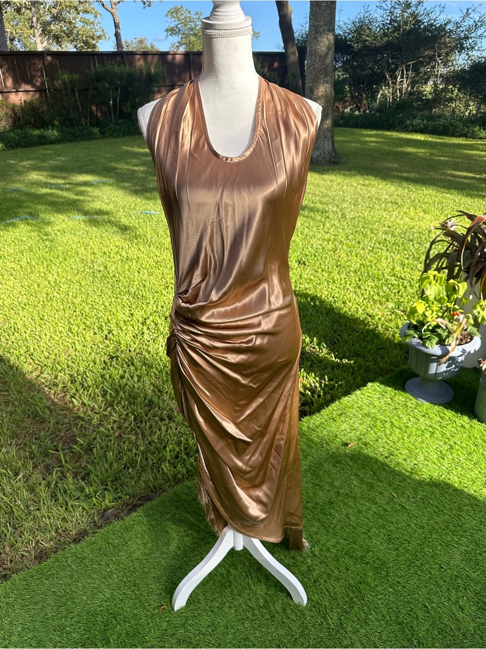 Helmut Lang Metallic Bronze Ruched Midi Dress